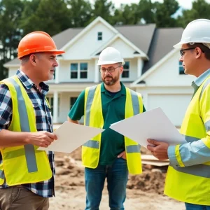 Builders discussing key features of a construction contract at a site in Columbia SC.