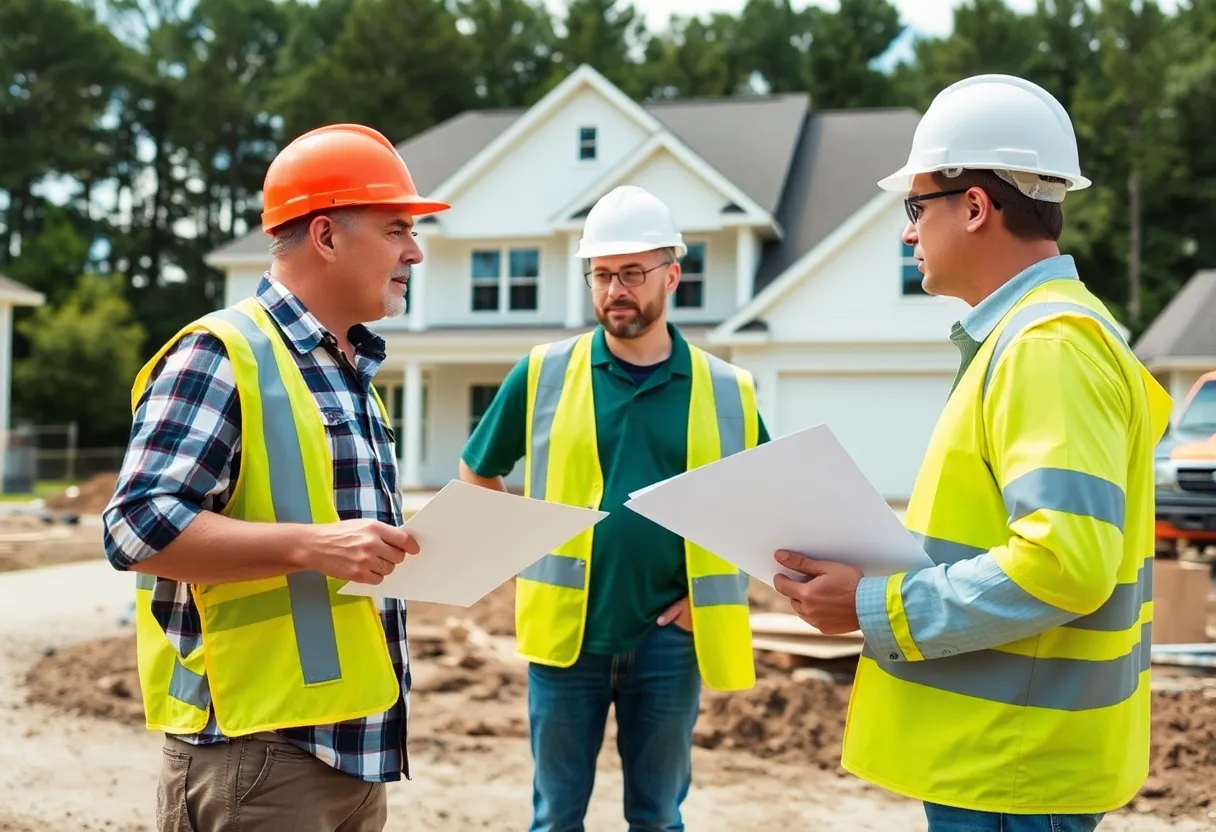Builders discussing key features of a construction contract at a site in Columbia SC.
