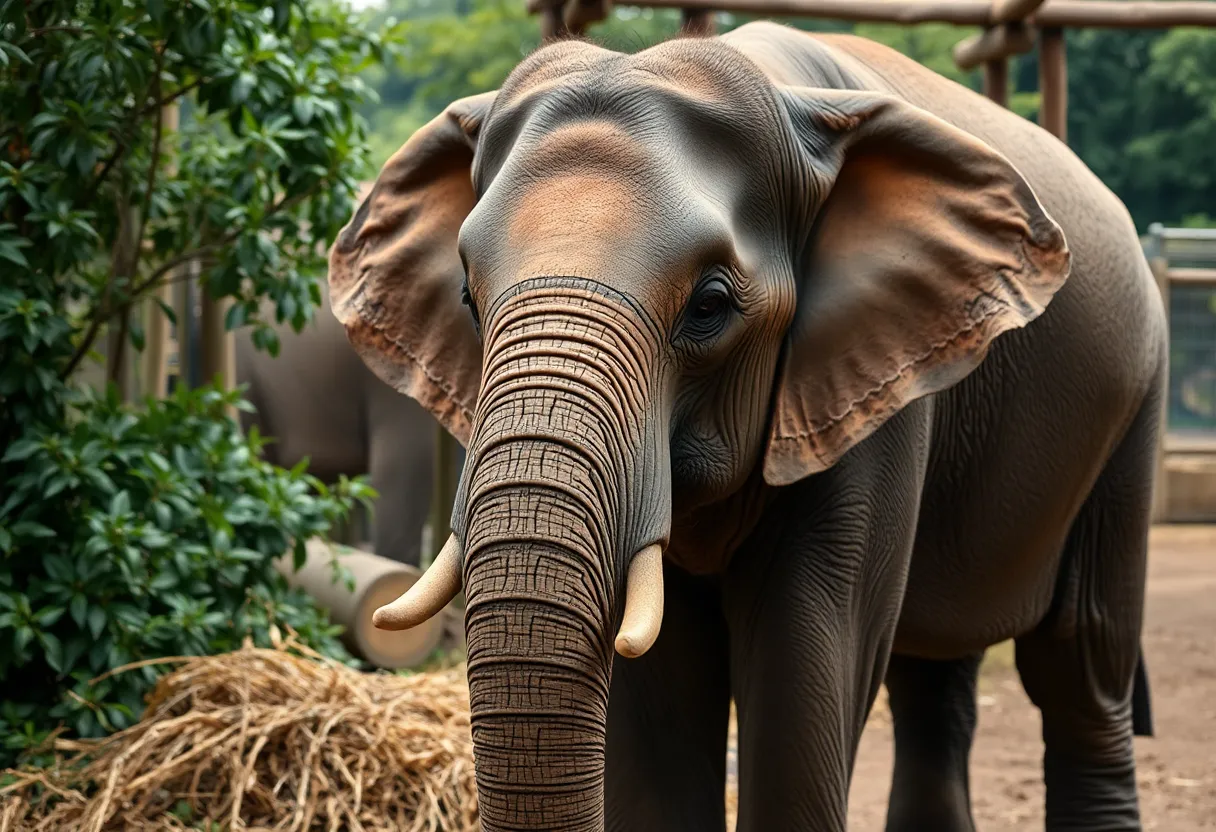 Ruth the elephant resting in the Milwaukee Zoo habitat surrounded by staff.
