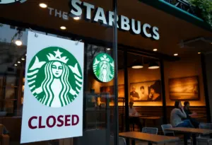 A Starbucks coffee shop with a closed sign on the door