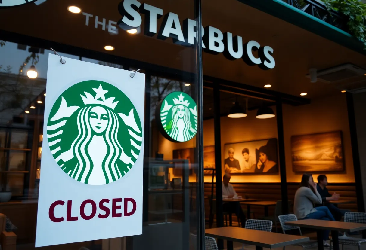 A Starbucks coffee shop with a closed sign on the door