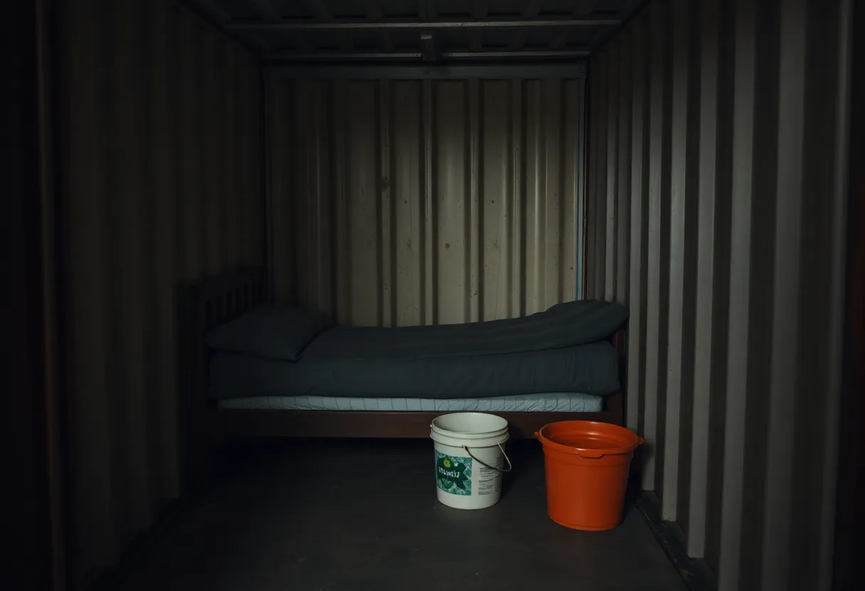 Inside of a neglected storage unit showing minimal furniture and unsanitary conditions for children