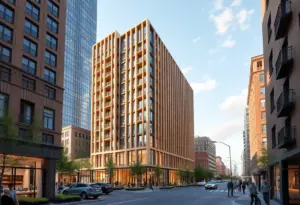 Architectural rendering of The Edison mass timber skyscraper in Milwaukee.