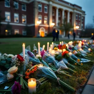 Candles and flowers at a vigil for Marquette University students