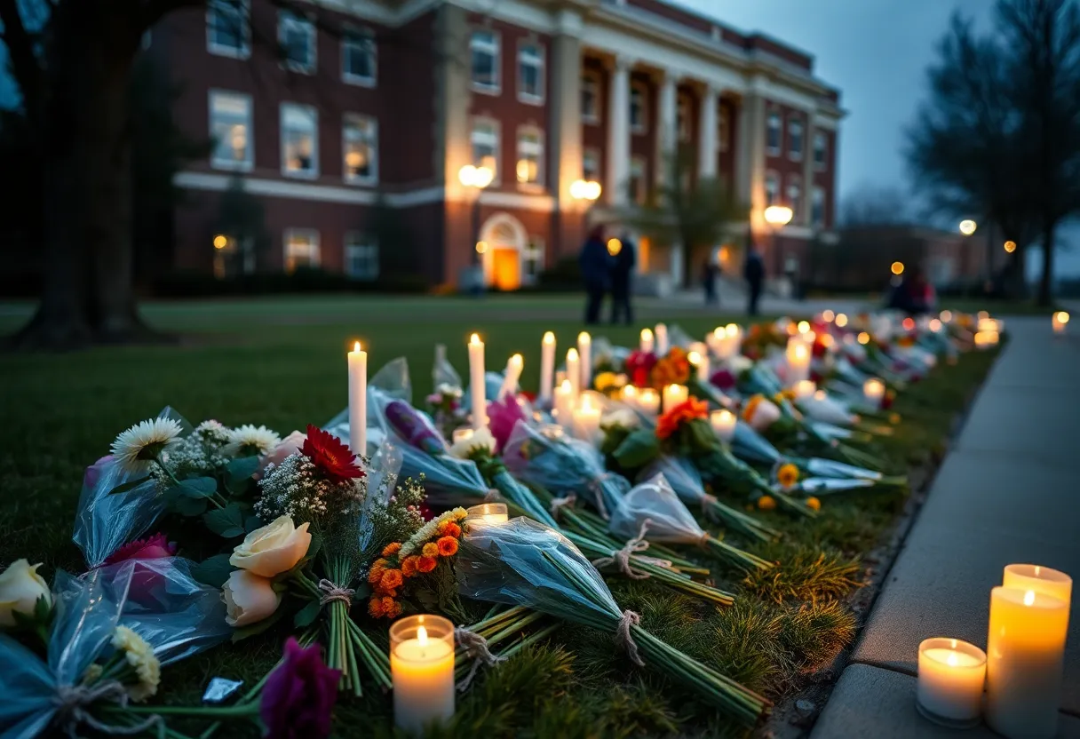 Candles and flowers at a vigil for Marquette University students