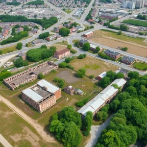 Aerial view of the former Motor Castings factory site in West Allis