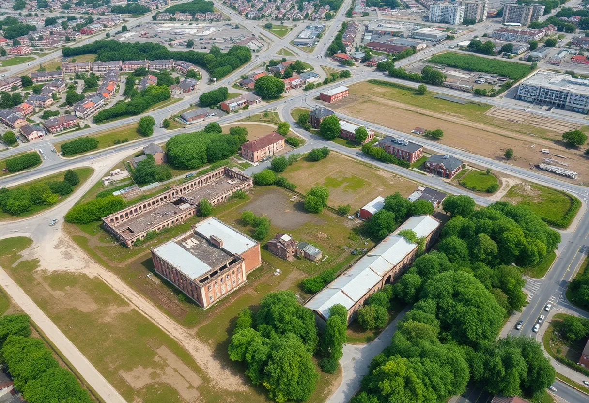 Aerial view of the former Motor Castings factory site in West Allis