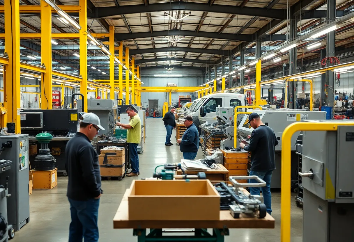 Workers in a Wisconsin manufacturing facility collaborating on projects