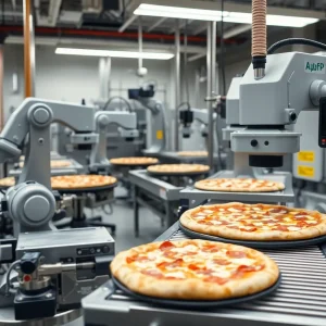 Modern pizza production facility with robotic machinery