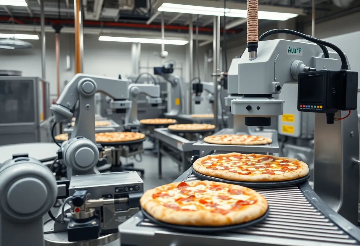 Modern pizza production facility with robotic machinery