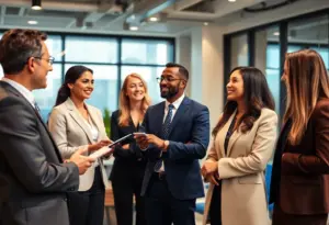 Financial advisors in an office collaborating with clients