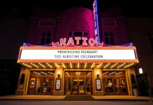Exterior view of the Associated Bank Theater Center with festive decorations
