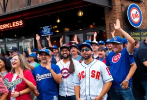 Fans outside a sports bar in Milwaukee supporting the Brewers and Cubs