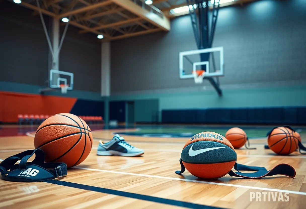 Practice court of the Milwaukee Bucks with training gear and basketballs.