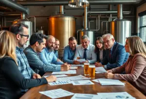 Business leaders discussing economic challenges at a brewery