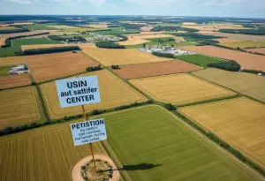 Aerial view of farmland reflecting community resistance against data center development.