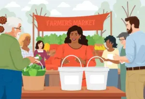 Community members at a farmers market supporting a cancer survivor through donations.