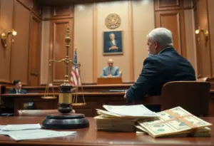 Courtroom scene with a judge and financial documents