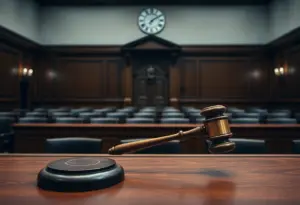 Empty courtroom symbolizing a serious murder trial