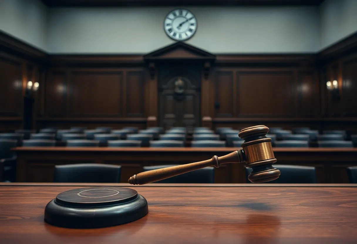 Empty courtroom symbolizing a serious murder trial