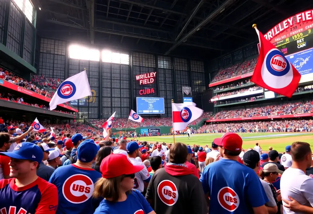 Chicago Cubs fans celebrating at Wrigley Field during a playoff game