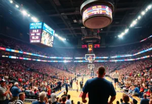 Crowd cheering during Denver Nuggets home opener basketball game