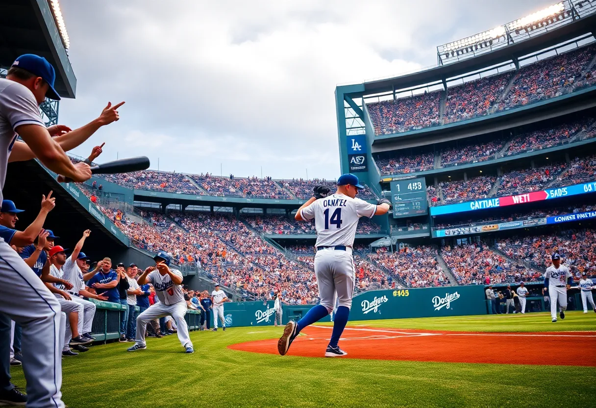 Dodgers players celebrating their victory to reach the World Series.