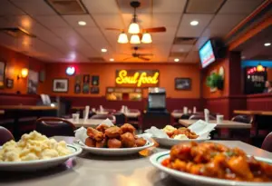 Interior of Easton’s Bar and Grill with soul food dishes