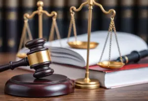 Symbolic representation of trial law with gavel and scales of justice