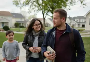 A family looking at potential homes for sale in Milwaukee near a school.
