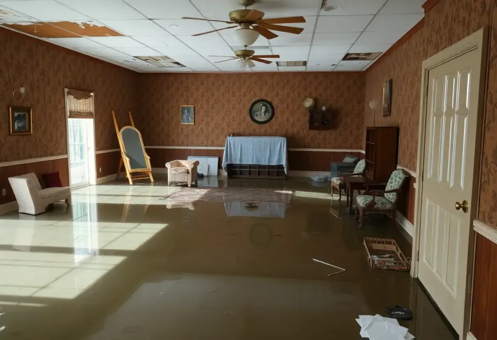 Interior of Reid's New Golden Gate Funeral Home showing flood damage
