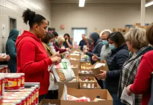 People receiving food assistance in a Wisconsin food pantry during a government shutdown.