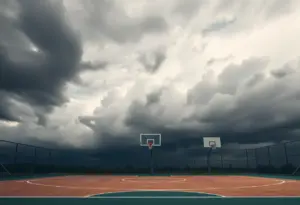 Artistic representation of a basketball court under dark clouds symbolizing gambling issues in sports.