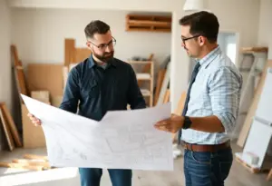 First-time home builders consulting with an architect over blueprints.