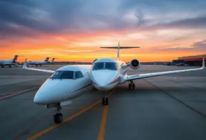 Private jet on tarmac at Dallas-Fort Worth airport