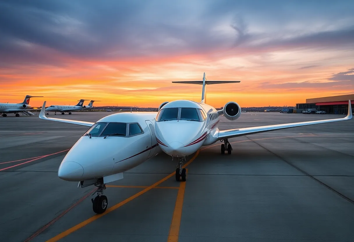 Private jet on tarmac at Dallas-Fort Worth airport