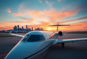 A private jet at Dallas/Fort Worth Airport during sunset.