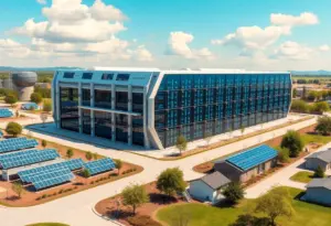 Illustration of the Microsoft AI data center showcasing modern architecture and sustainable energy features