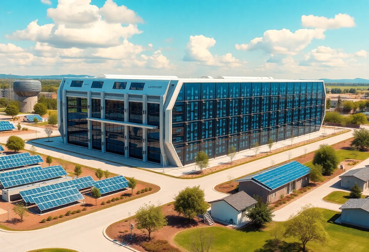 Illustration of the Microsoft AI data center showcasing modern architecture and sustainable energy features