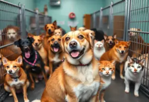 Animals in a crowded Milwaukee animal shelter seeking adoption