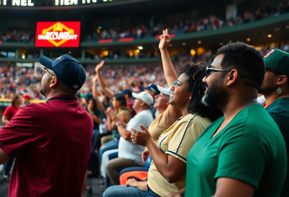 A diverse crowd at a baseball game celebrating sportsmanship
