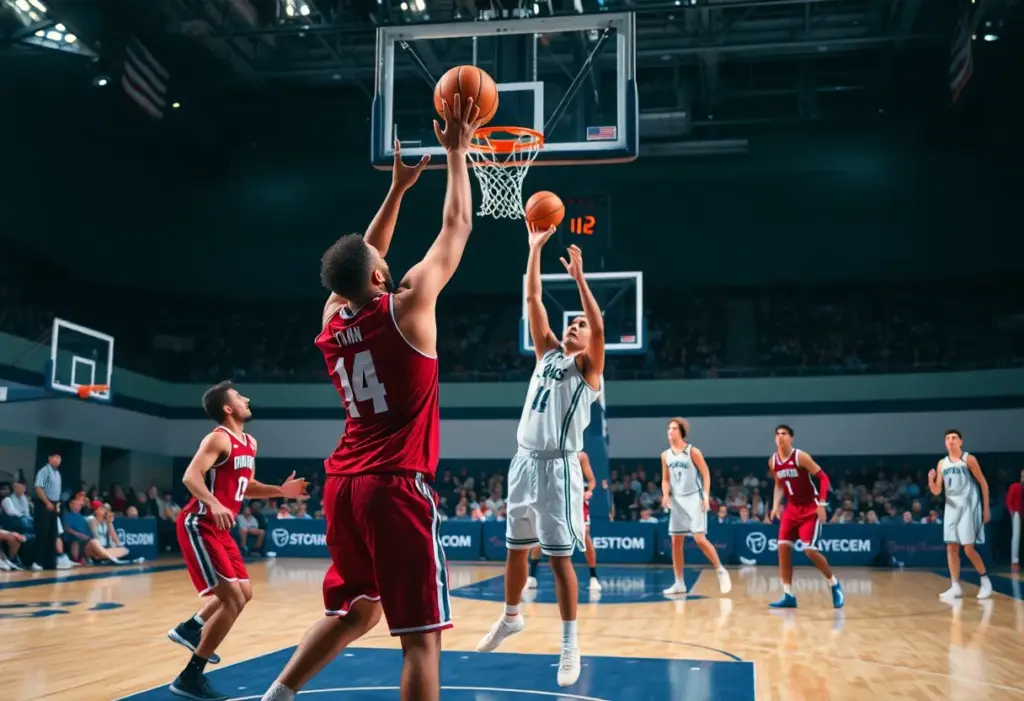 Milwaukee Bucks players shooting a three-pointer in an NBA game.