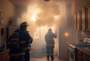 Firefighters rescuing a man from a smoke-filled kitchen in Milwaukee