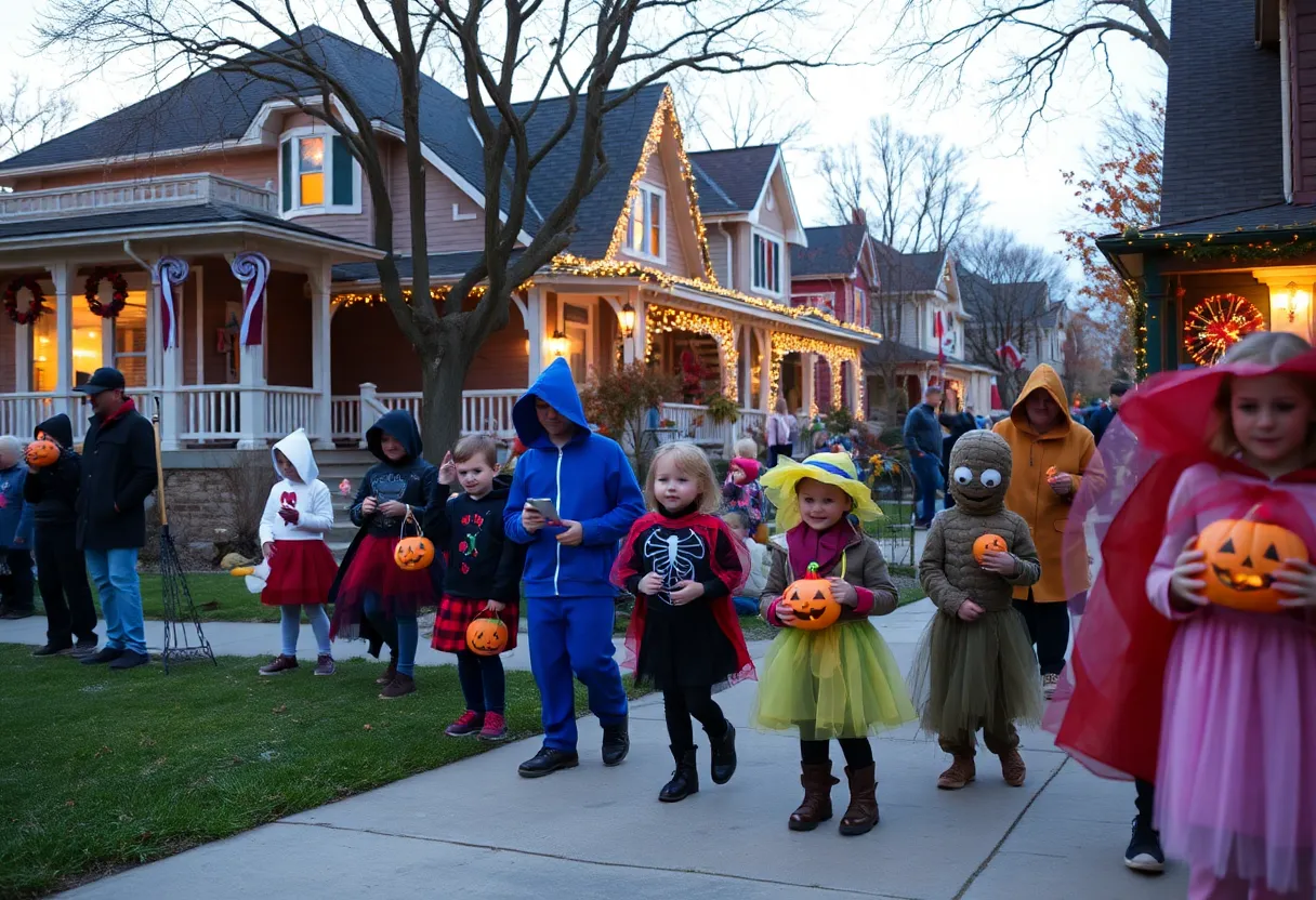 Families celebrating Halloween in Milwaukee with costumes and decorations.