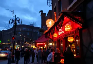 Halloween-themed decorations and people celebrating in Milwaukee