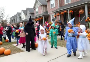 Colorful Halloween decorations and families celebrating in Milwaukee