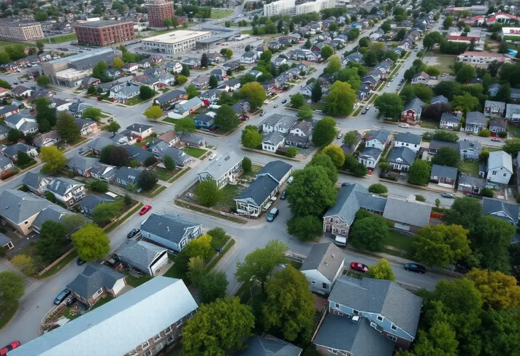 Aerial view of Milwaukee highlighting residential areas and community spaces