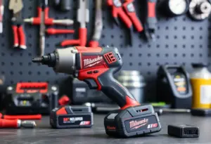 Milwaukee half-inch mid-torque impact wrench with batteries on a workbench