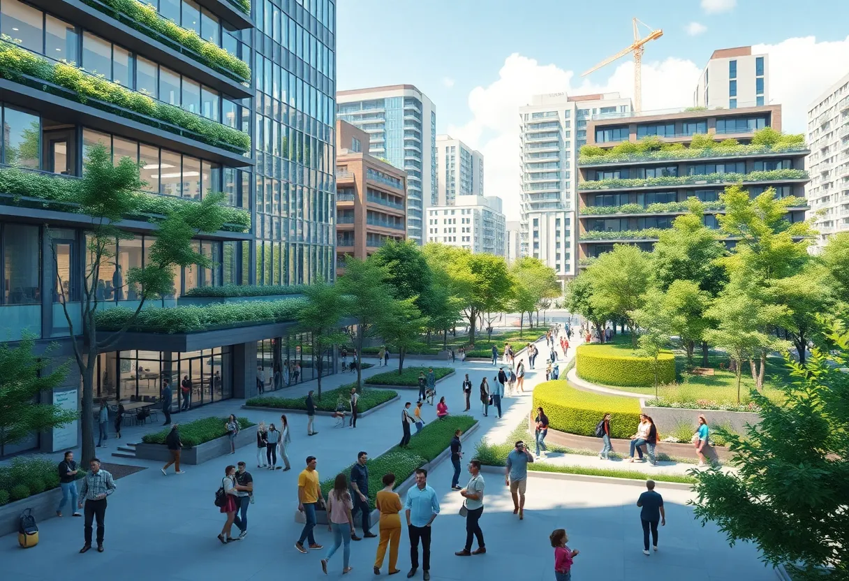 Conceptual illustration of Milwaukee Innovation District with modern buildings and green areas.
