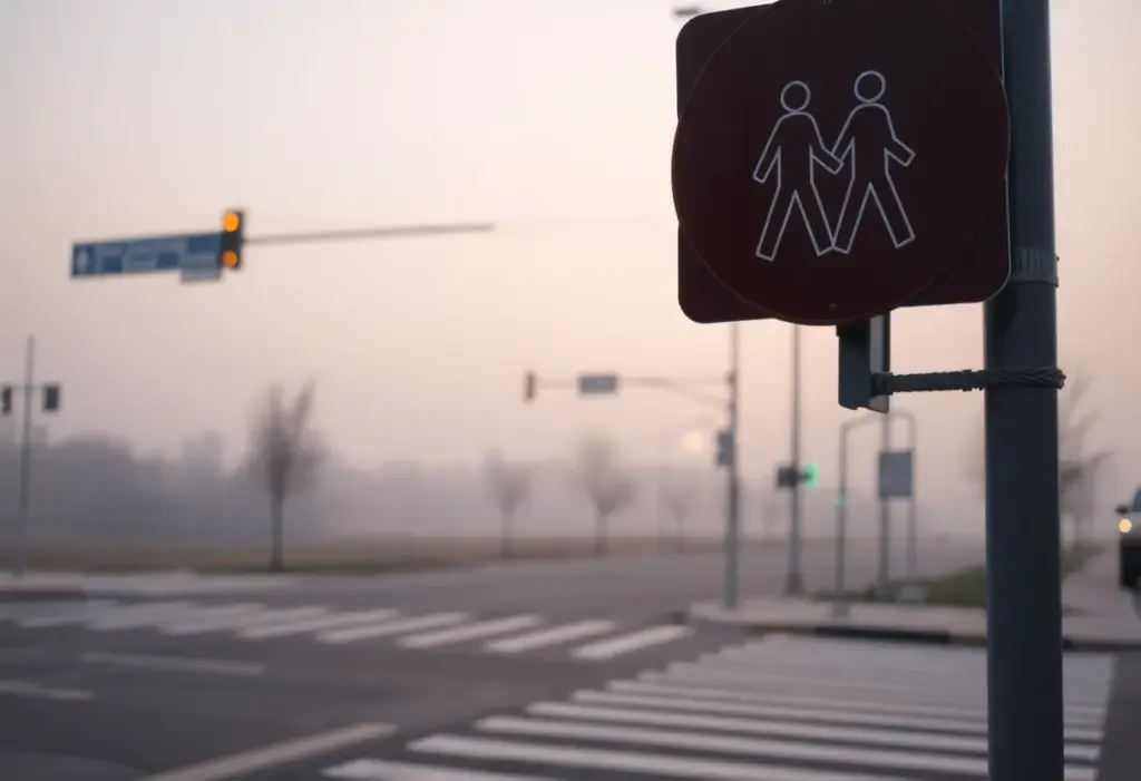 Quiet intersection in Milwaukee with a pedestrian crossing sign
